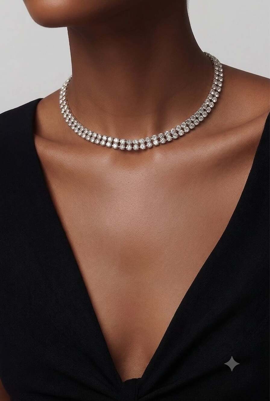 Double Row Rhinestone Tennis Necklace Silver Tone